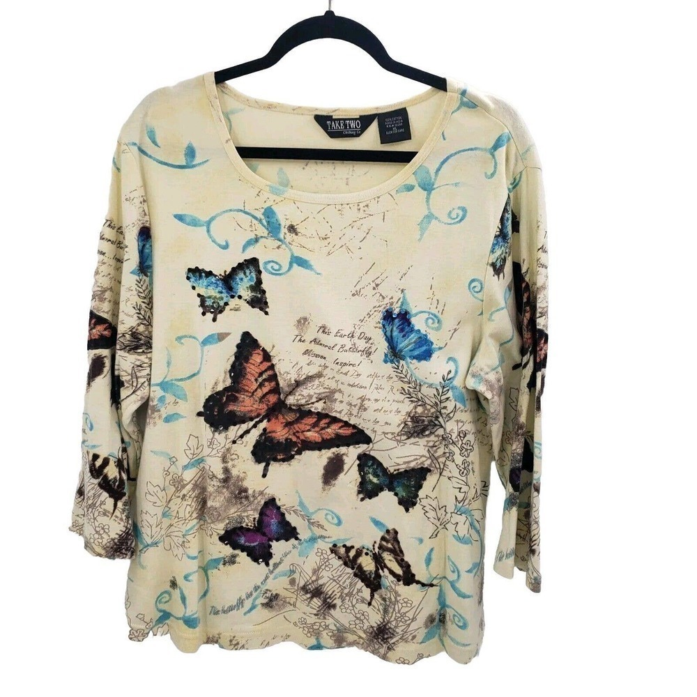 Take Two Bitterfly Print Knit Top Womens Size XL Rhinestone 3/4 Sleeve Words